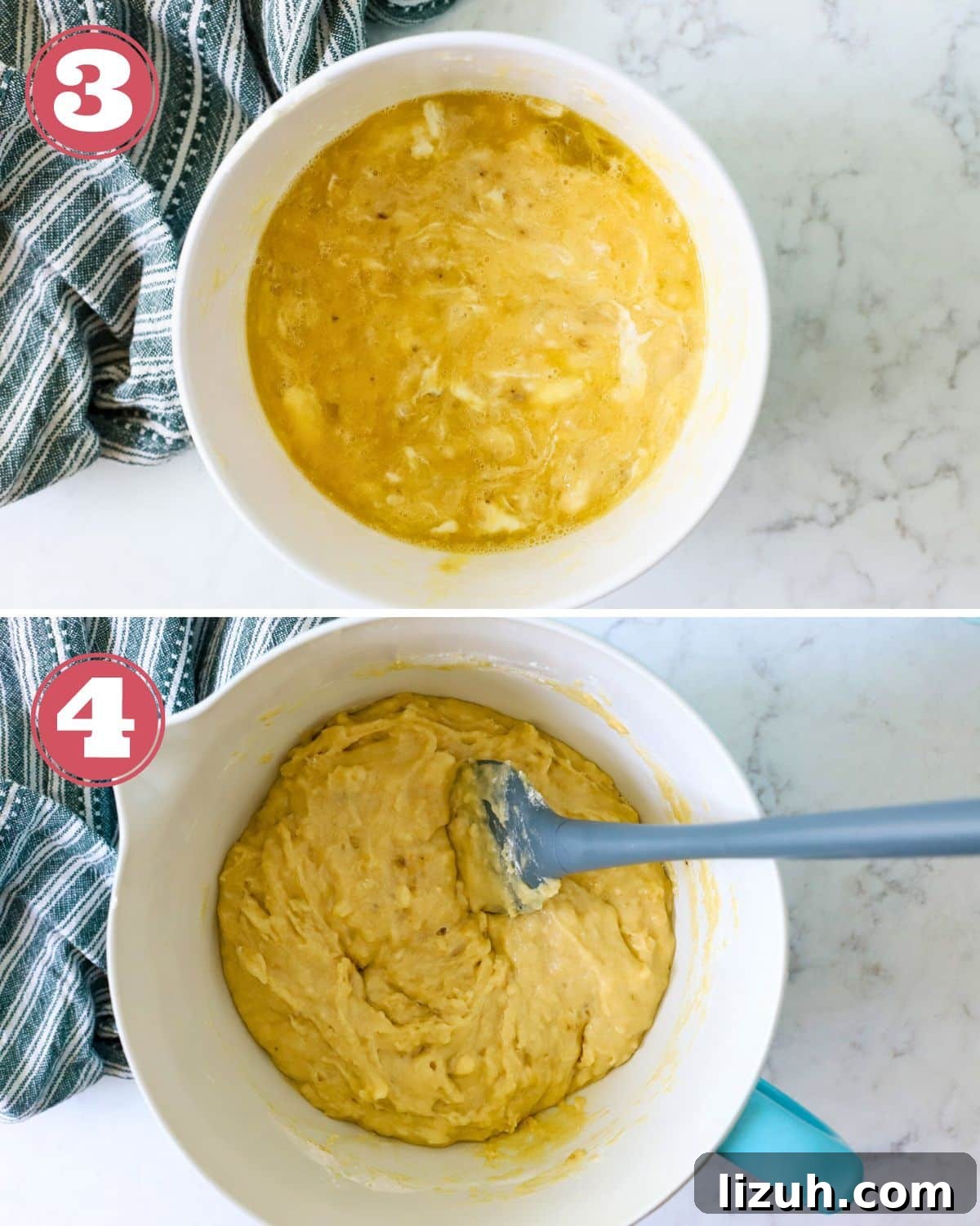 Moist Banana Bread with Crunchy Streusel Topping 8 Bowl with eggs, yogurt, vanilla, and mashed bananas.