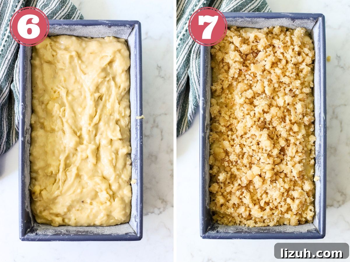 Moist Banana Bread with Crunchy Streusel Topping 10 Pan with banana bread batter and streusel topping.