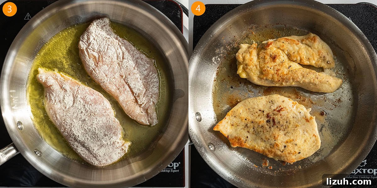 Classic Chicken Piccata Recipe: Lemon Butter Capers Guide 6 Frying chicken breast in olive oil in a saucepan.