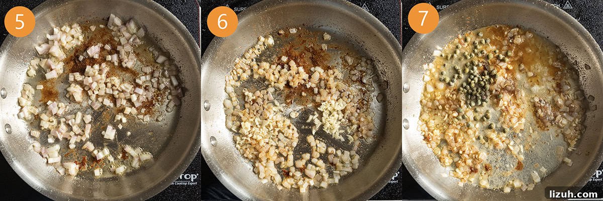 Classic Chicken Piccata Recipe: Lemon Butter Capers Guide 7 Sauteing shallots and garlic in a pan.