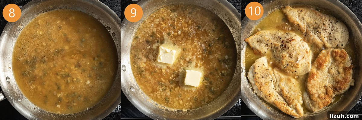 Classic Chicken Piccata Recipe: Lemon Butter Capers Guide 8 Simmering sauce to thicken with butter.