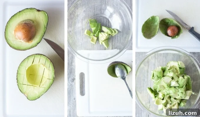 process shot of how to cut an avocado for guacamole