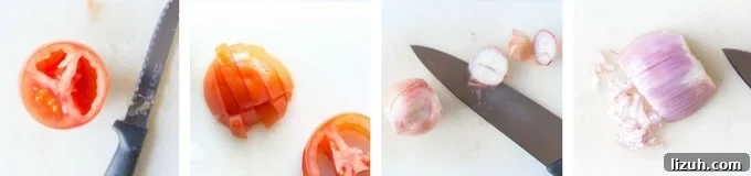 process shot of how to cut tomatoes and shallots for guacamole