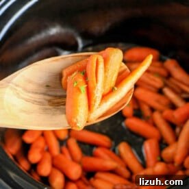 Slow-Cooked Honey-Glazed Carrots for the Crockpot 6 In the cozy embrace of a crockpot, baby carrots simmer to perfection. A wooden spoon lifts the tender morsels, celebrating a simple yet delectable creation.