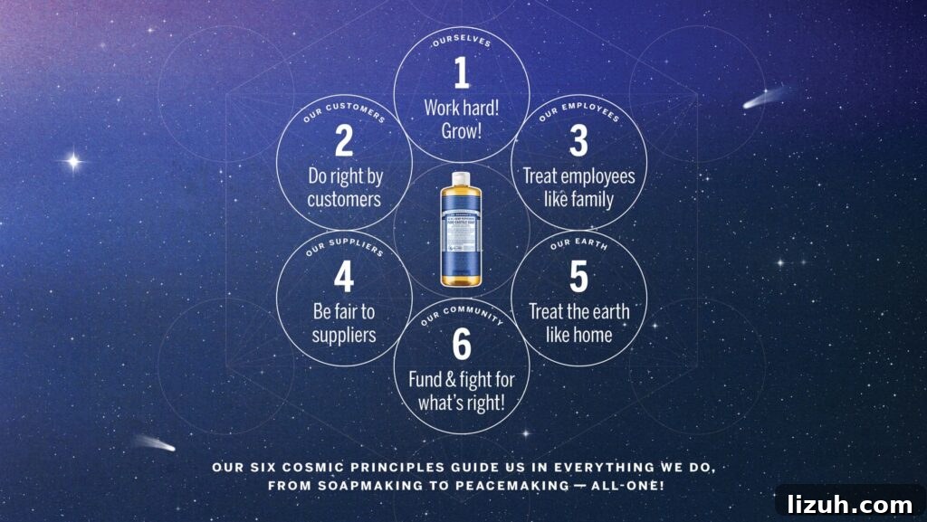 Dr. Bronner’s Six Cosmic Principles: Origins and Modern Meaning 3 Diagram on blue background of Dr. Bronner's company's six cosmic principles.