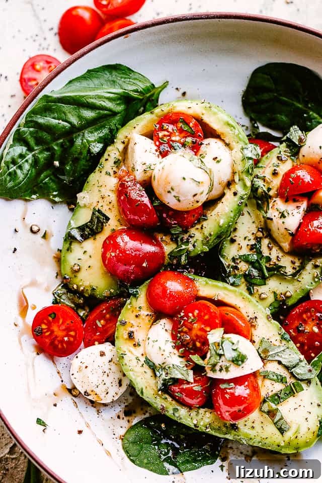 Caprese-Stuffed Avocados: Fresh Tomato, Mozzarella & Basil Recipe 4 Caprese Stuffed Avocados
