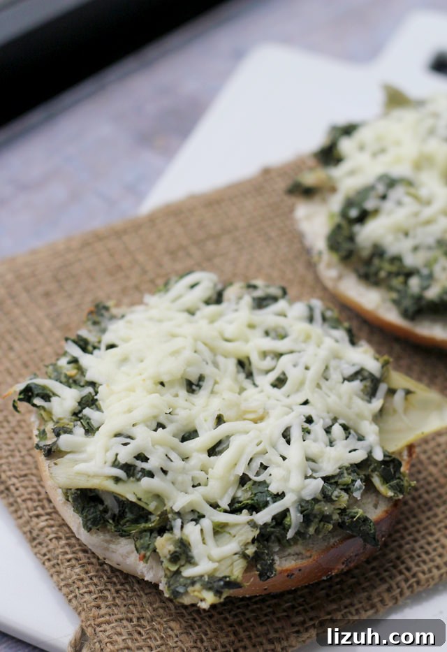 Spinach, Artichoke & White Bean Open-Faced Grilled Cheese 2 open-faced spinach, artichoke, and white bean grilled cheese