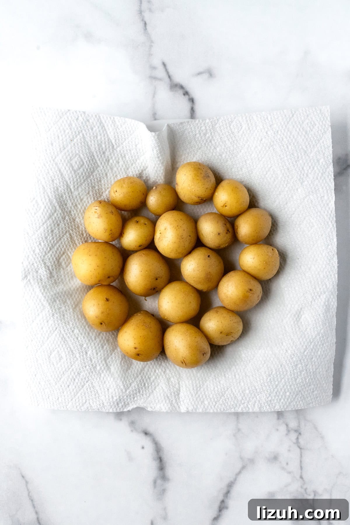 Crispy Baked Potato Bites with Garlic Herb Dip 5 Boiled Mini Yellow Potatoes drying and cooling on a paper towel.