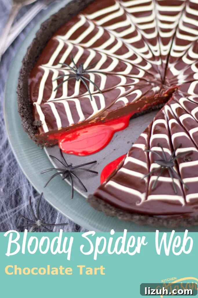 Halloween Chocolate Tart with Bloody Spiderweb Decoration 13 A bloody spider web chocolate tart with a slice taken out of it and 'blood' spilling out on a green plate over a dark spider web covered backdrop. There are 3 black plastic spiders on the plate/dessert.