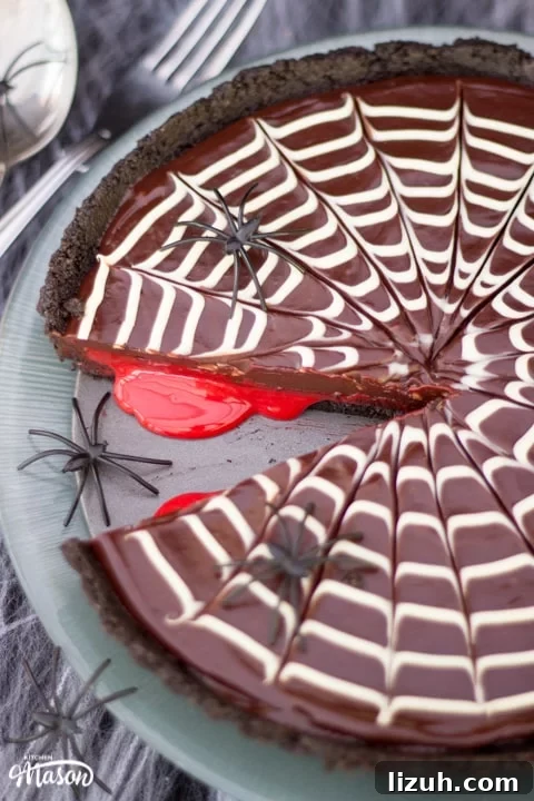 Halloween Chocolate Tart with Bloody Spiderweb Decoration 3 Halloween Dessert | No Bake Bloody Spider Web Chocolate Tart on a plate with plastic spiders