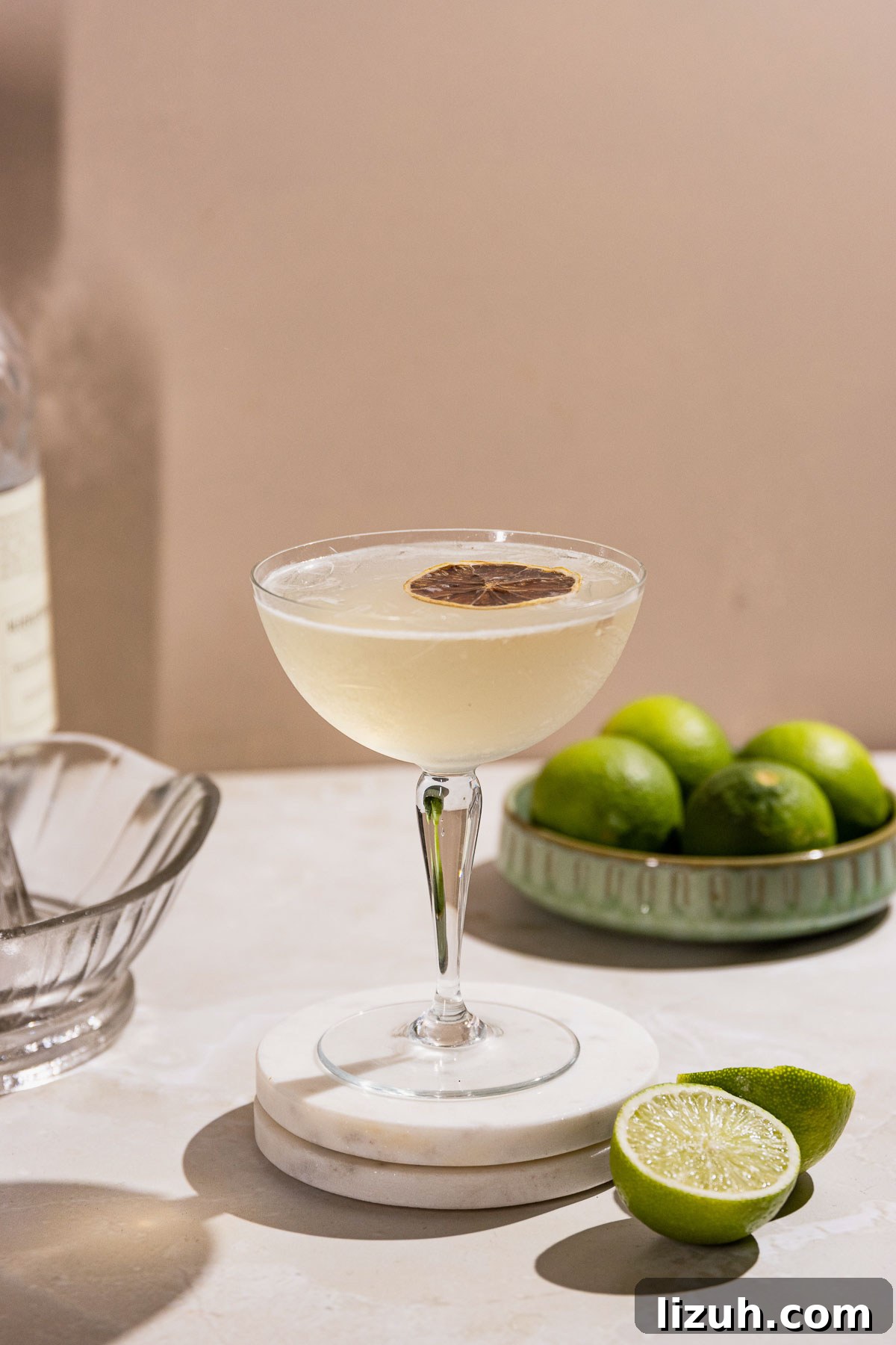Classic Gimlet Cocktail Recipe: How to Make the Perfect Gimlet 3 Side shot of a coupe glass filled with a gimlet cocktail and a lime slice.
