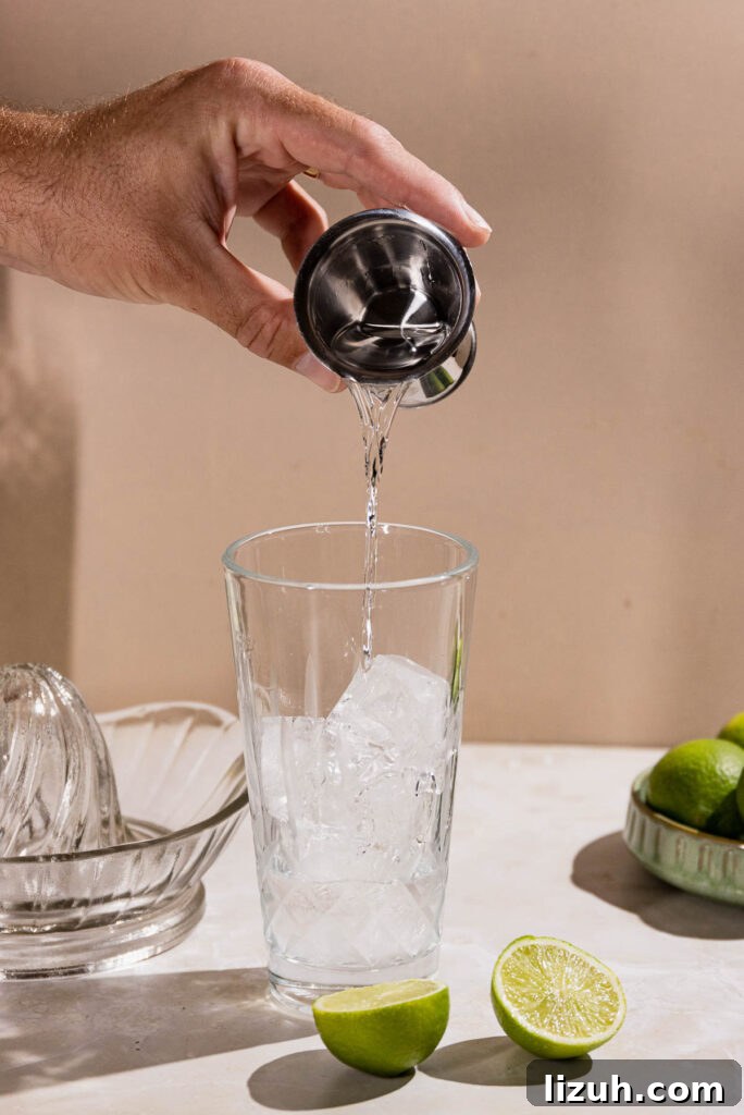 Classic Gimlet Cocktail Recipe: How to Make the Perfect Gimlet 4 Hand pouring gin into a cocktail shaker.