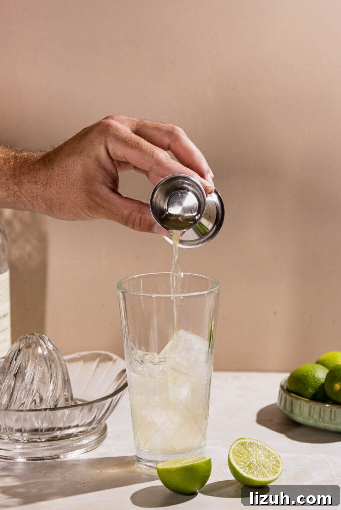 Classic Gimlet Cocktail Recipe: How to Make the Perfect Gimlet 5 Hand pouring lime juice into a cocktail shaker.
