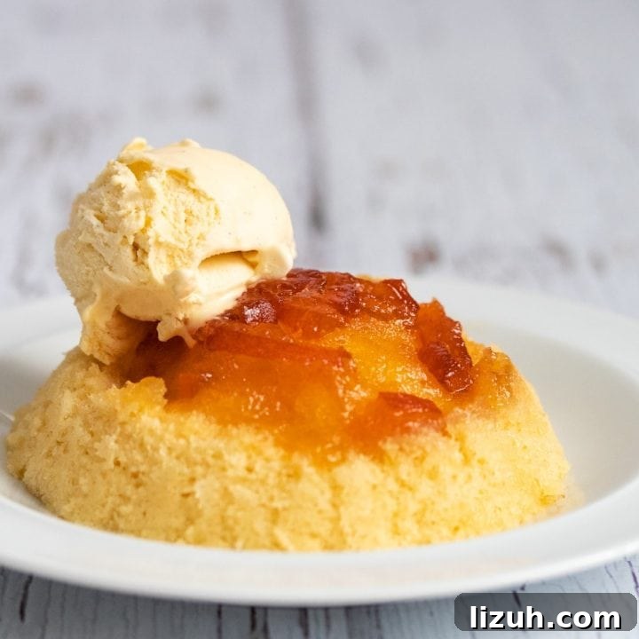 Microwaved marmalade sponge pudding with ice cream