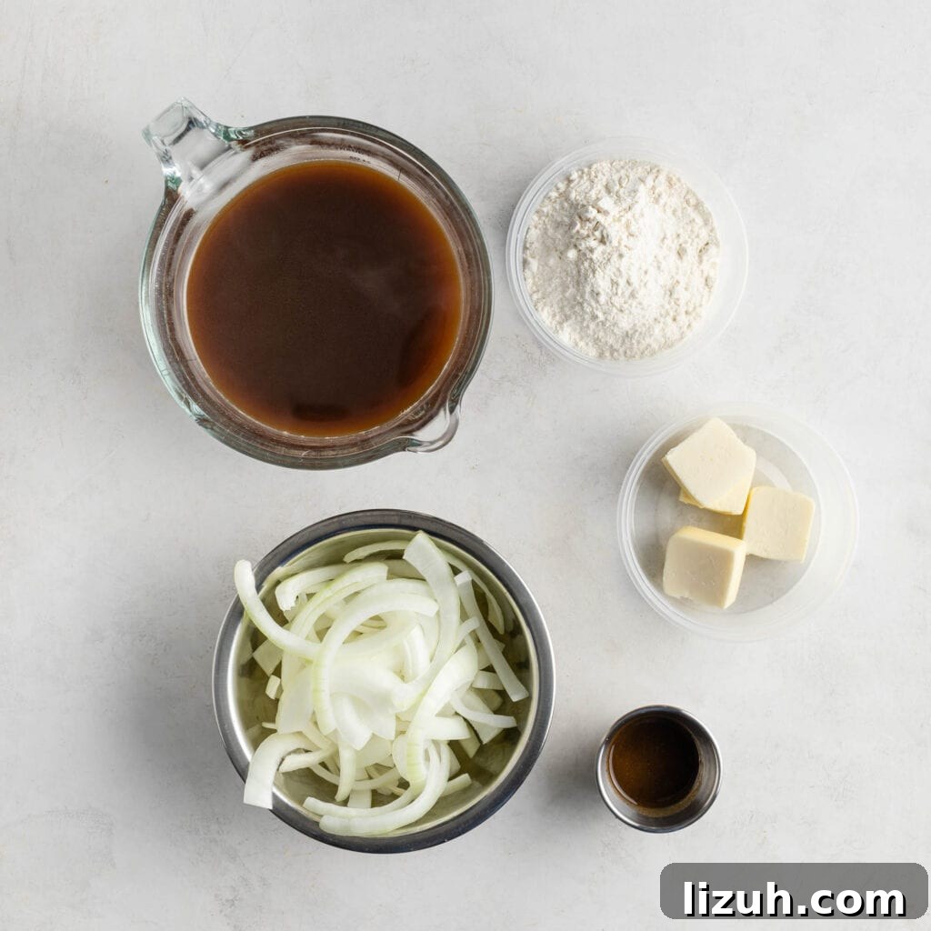 onion gravy ingredients. beef stock, all purpose flour, butter, worcestershire sauce, sliced onions