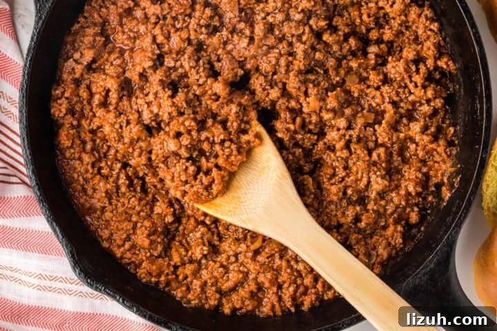 top-down view of the Sloppy Joes in the skillet.