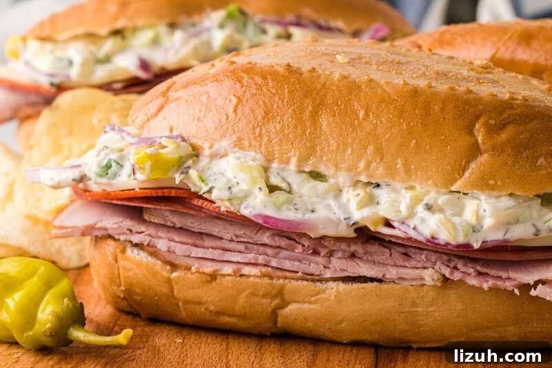 Grinder Sandwich served on a wooden board.