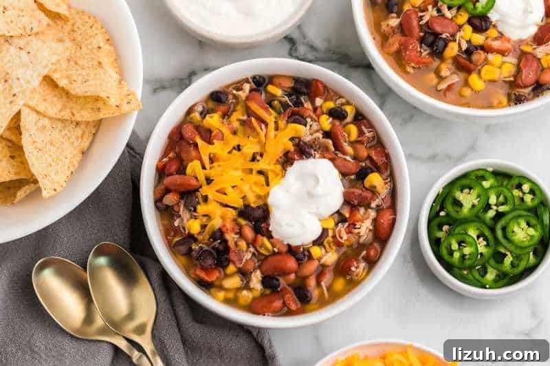 7 Can Taco Soup served in a white bowl.
