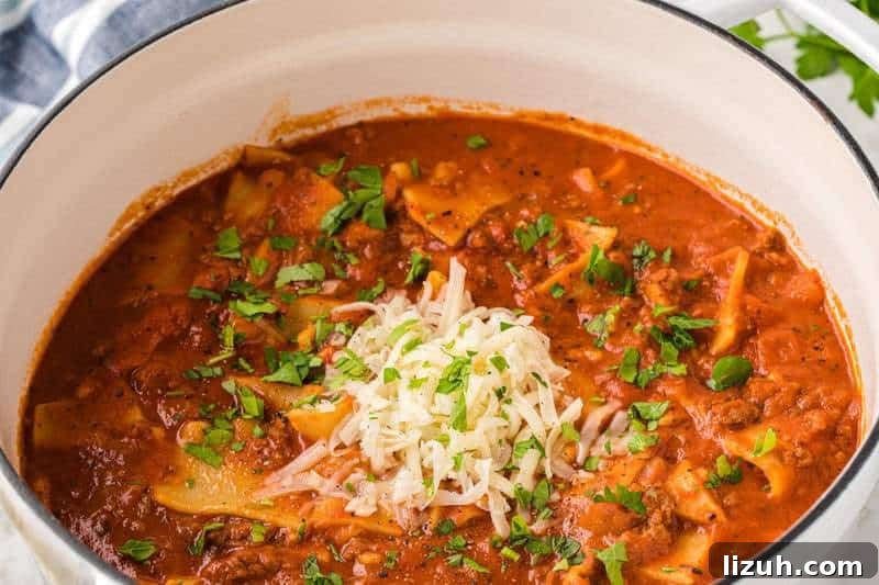 closeup of the Lasagna Soup in a large pot.