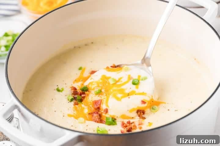Closeup of the Potato Soup in a large pot.