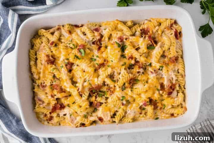 top-down view of the Chicken Bacon Ranch Casserole.