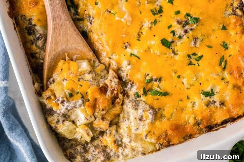 closeup of the Hamburger Hashbrown Casserole.