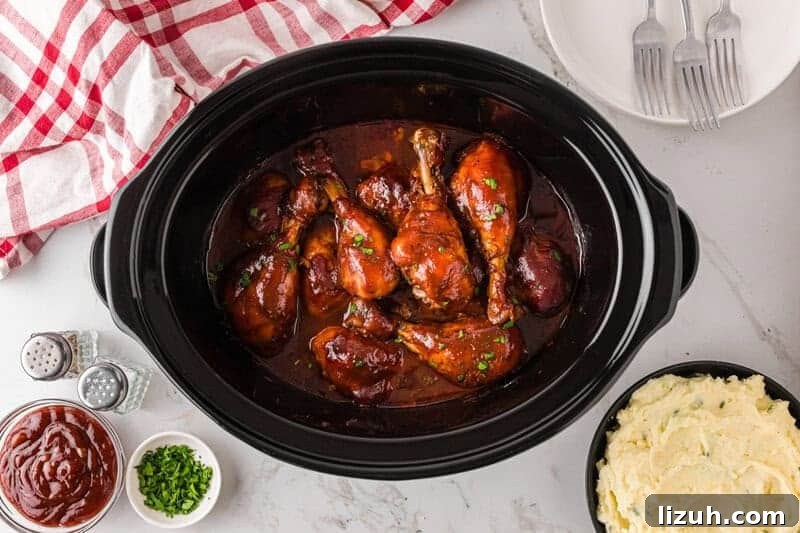 top-down view of the slow cooker BBQ Chicken Drumsticks.
