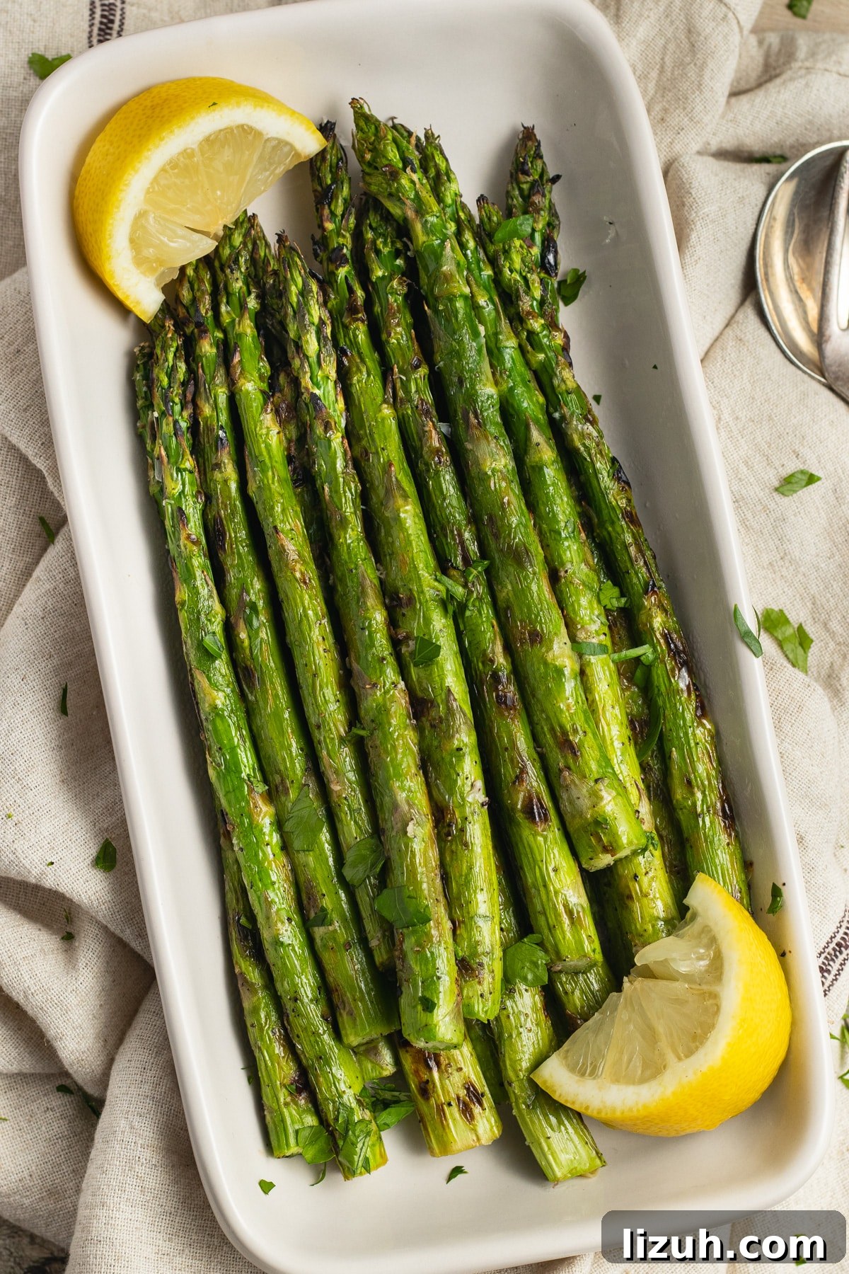 This is a picture of a dish filled with grilled asparagus.