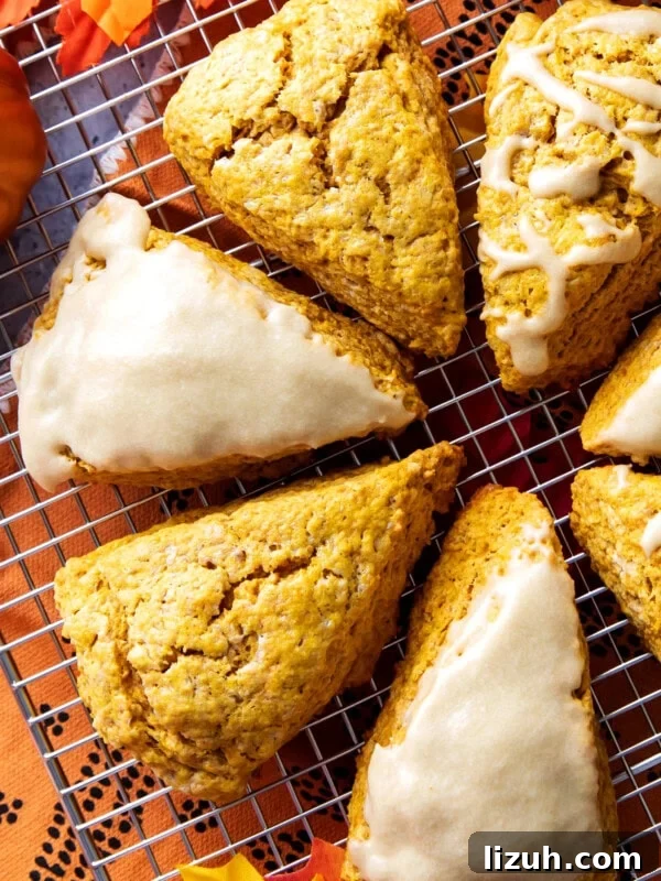 Close up of the flaky, cracked tops of fresh-baked pumpkin scones with maple glaze
