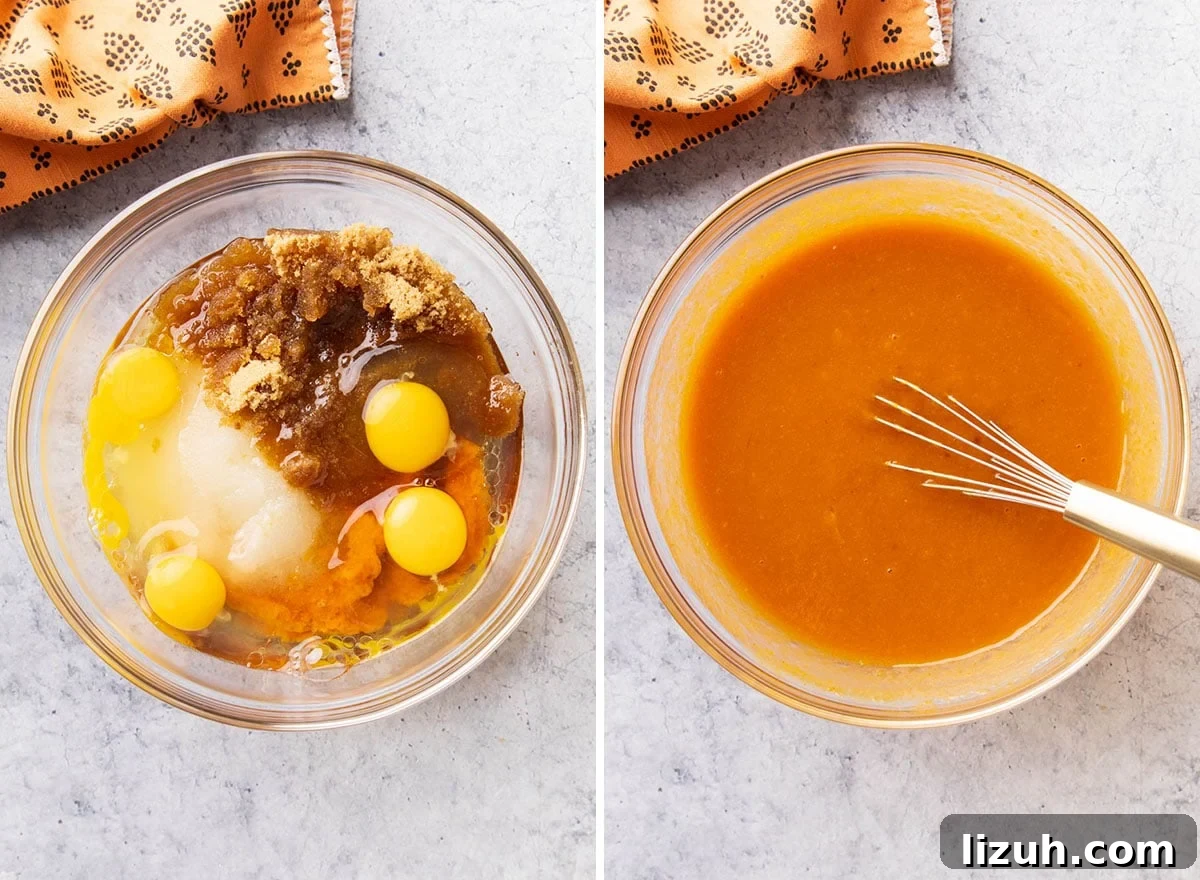 Two photos showing How to Make Pumpkin Cake - whisking together eggs, cane sugar, brown sugar, oil, pumpkin, and other wet ingredients