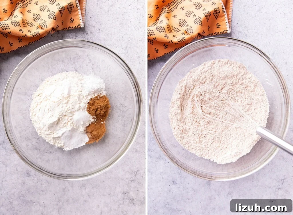 Two photos showing How to Make Pumpkin Cake with cream cheese frosting - whisking together dry ingredients including flour, baking powder, baking soda, spices, and salt.