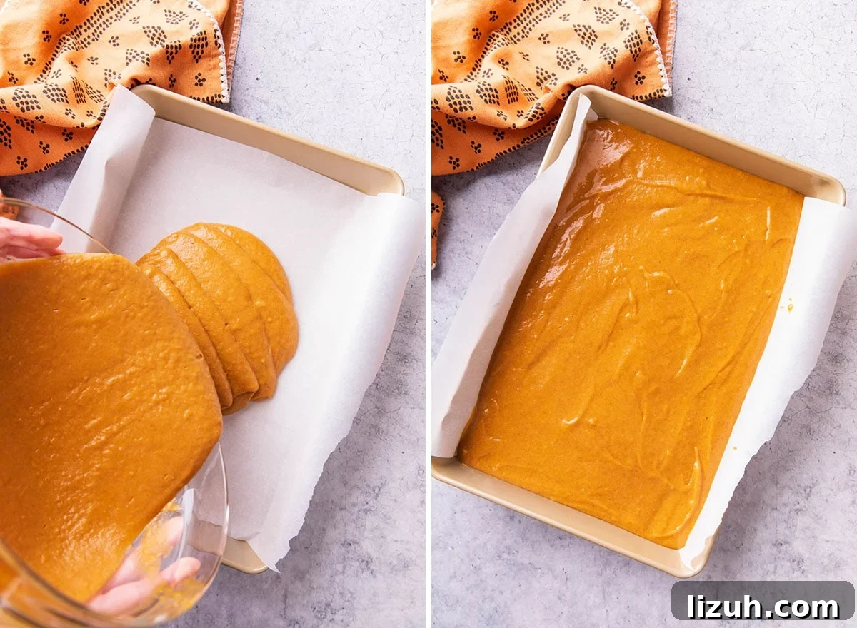 Two photos showing How to Make this fall desert recipe - pouring batter into a lined baking pan and spreading into an even layer
