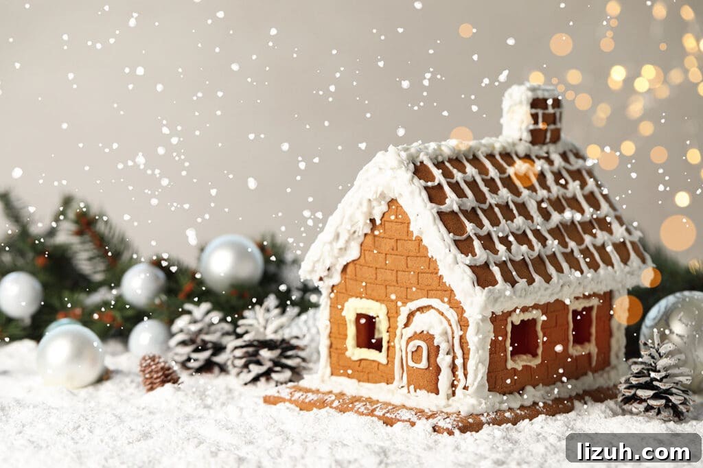 Host a Festive Gingerbread House Party: Tips, Themes & Checklist 6 a beautiful gingerbread house decorated with white icing on snow with sparkles