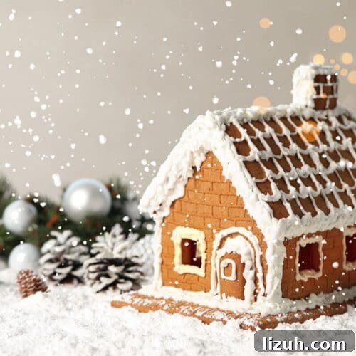 Host a Festive Gingerbread House Party: Tips, Themes & Checklist 9 a beautiful gingerbread house decorated with white icing on snow with sparkles