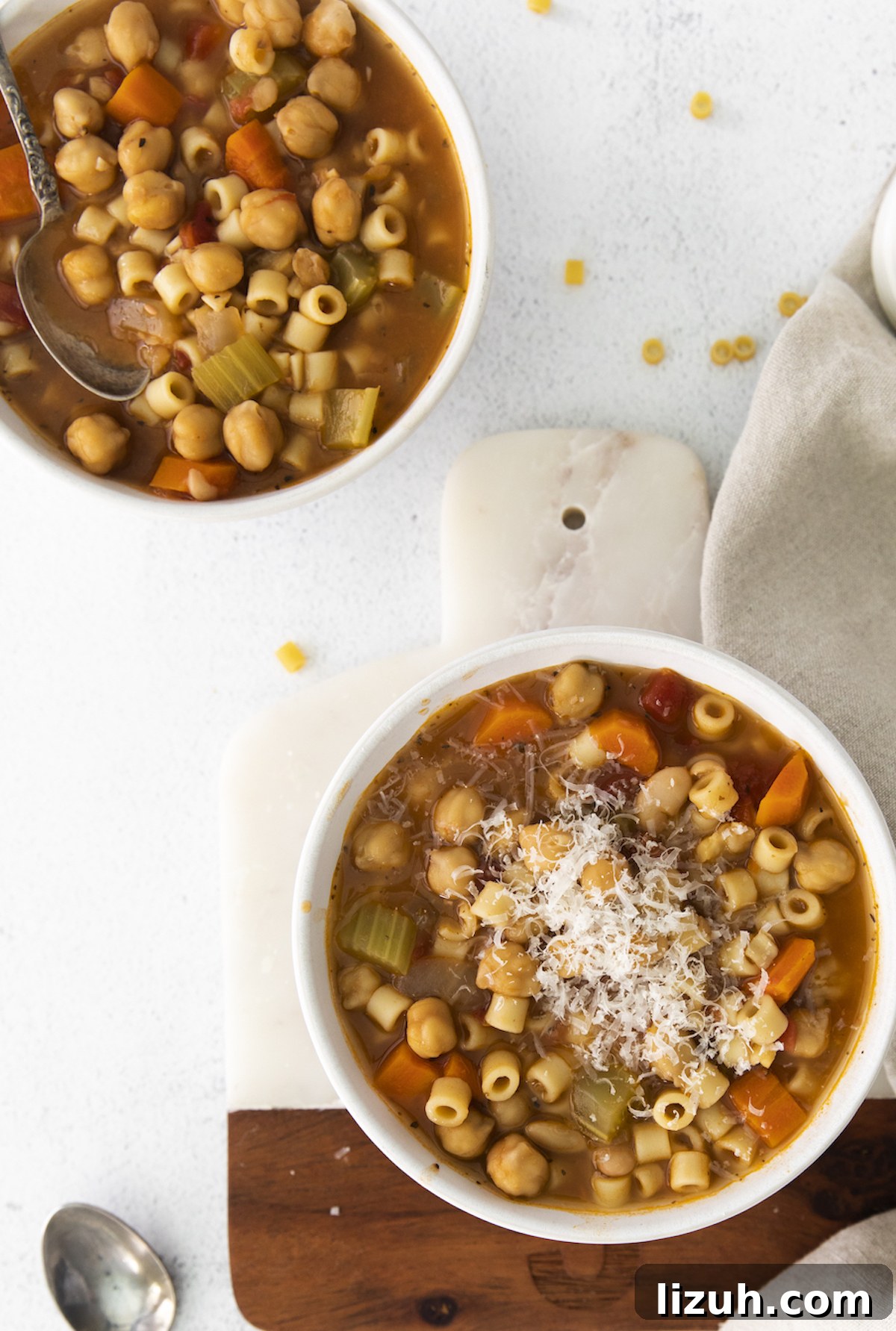 Creamy Chickpea Soup Recipe for Cozy Weeknight Meals 3 top down view of two bowls of chickpea soup