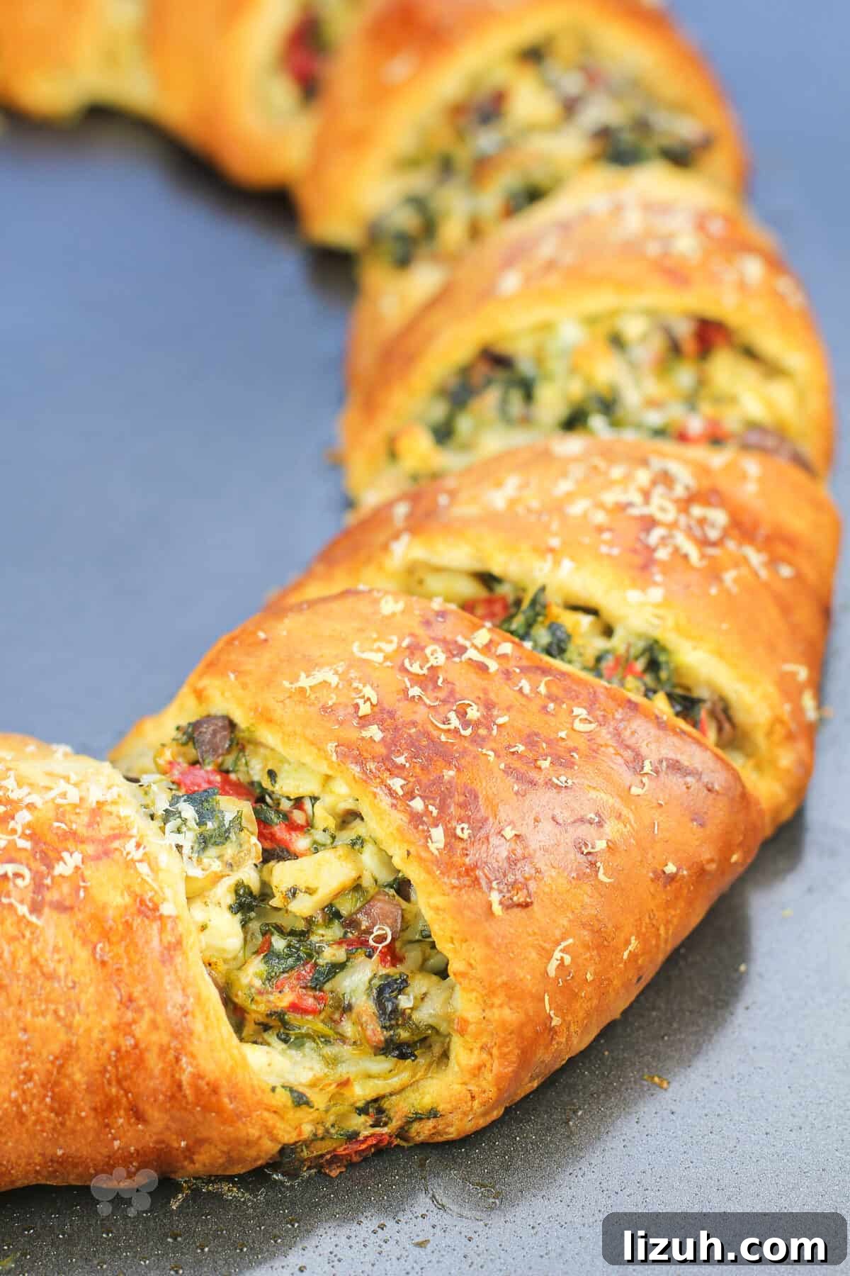 close view of cooked crescent ring on bake sheet