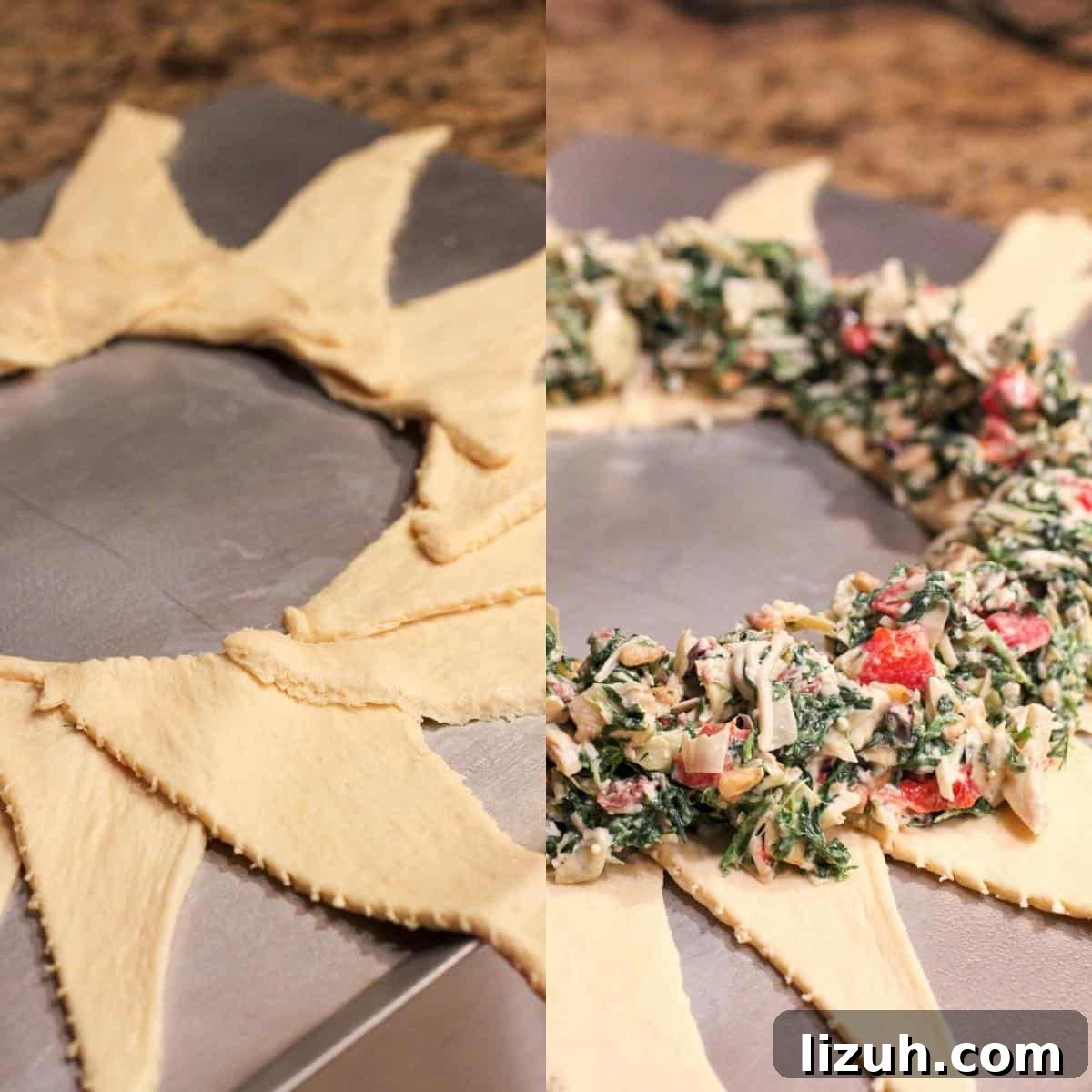 collage of 2 photos: left, dough triangles arranged on bake sheet; right, dough triangles topped with filling mixture