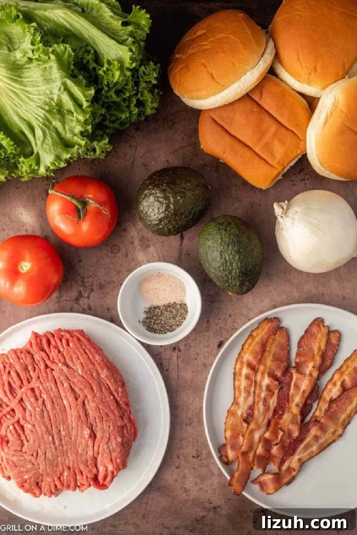 Ingredients - Ground Beef, Oil, salt, pepper, avocados, lettuce, onion, tomatoes, buns