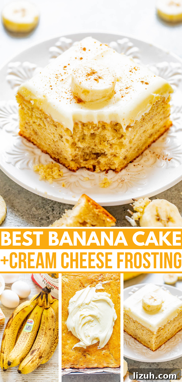 Best Banana Cake + Cream Cheese Frosting Pinterest image. 