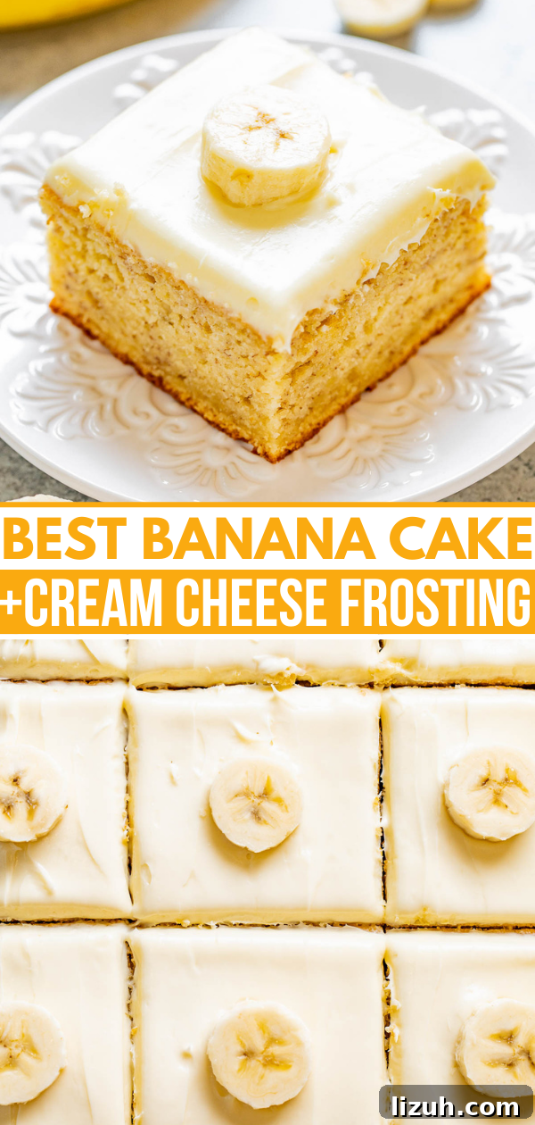 Best Banana Cake + Cream Cheese Frosting Pinterest image. 