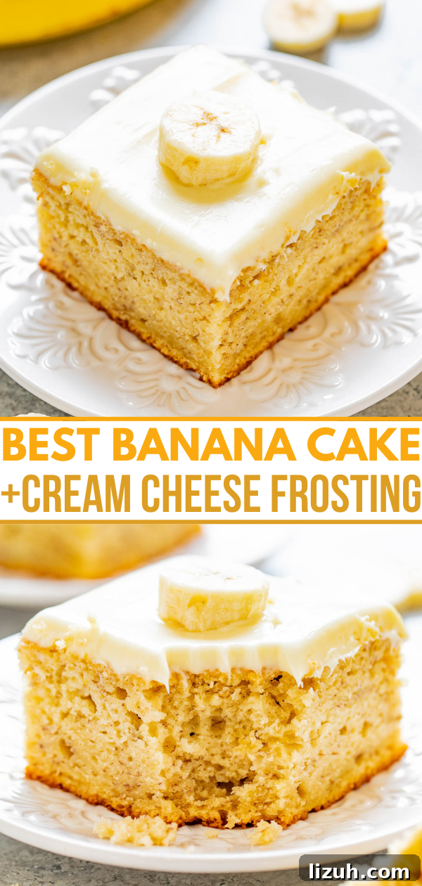 Best Banana Cake + Cream Cheese Frosting Pinterest image. 