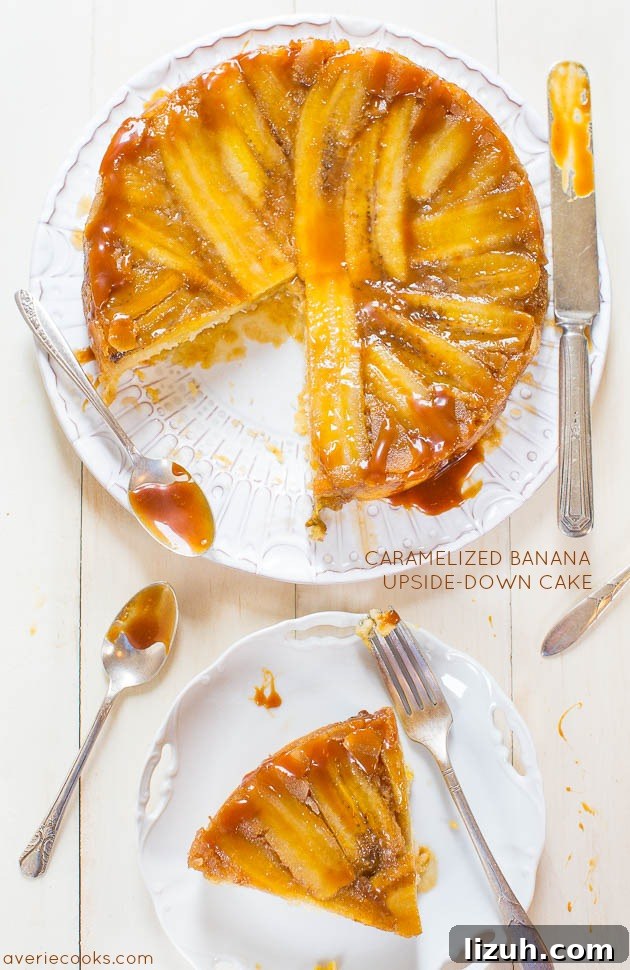Caramelized Banana Upside-Down Cake with a slice missing and the slice on a plate. 