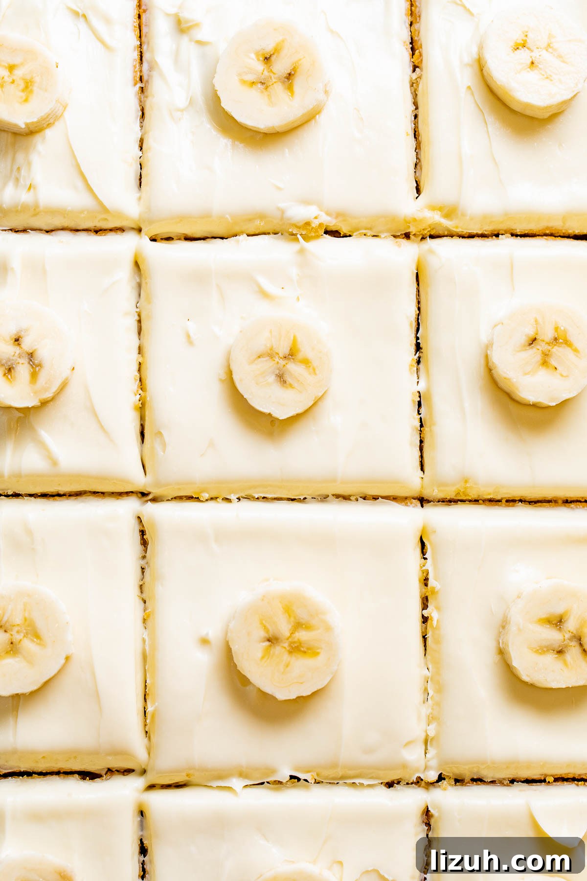 Best Banana Cake with Cream Cheese Frosting topped with banana coins. 