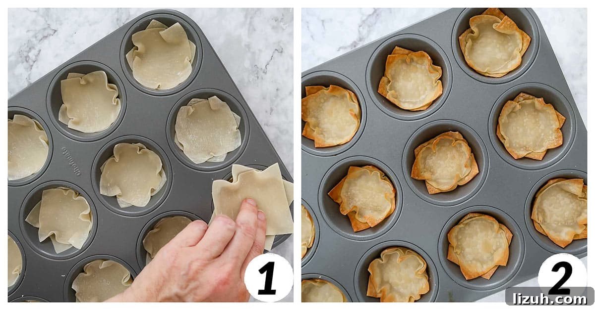 Crispy Wonton Cheeseburger Cups — Bite-Sized Party Sliders 4 Process shots showing wonton wrappers pressed into a muffin tin and baked.