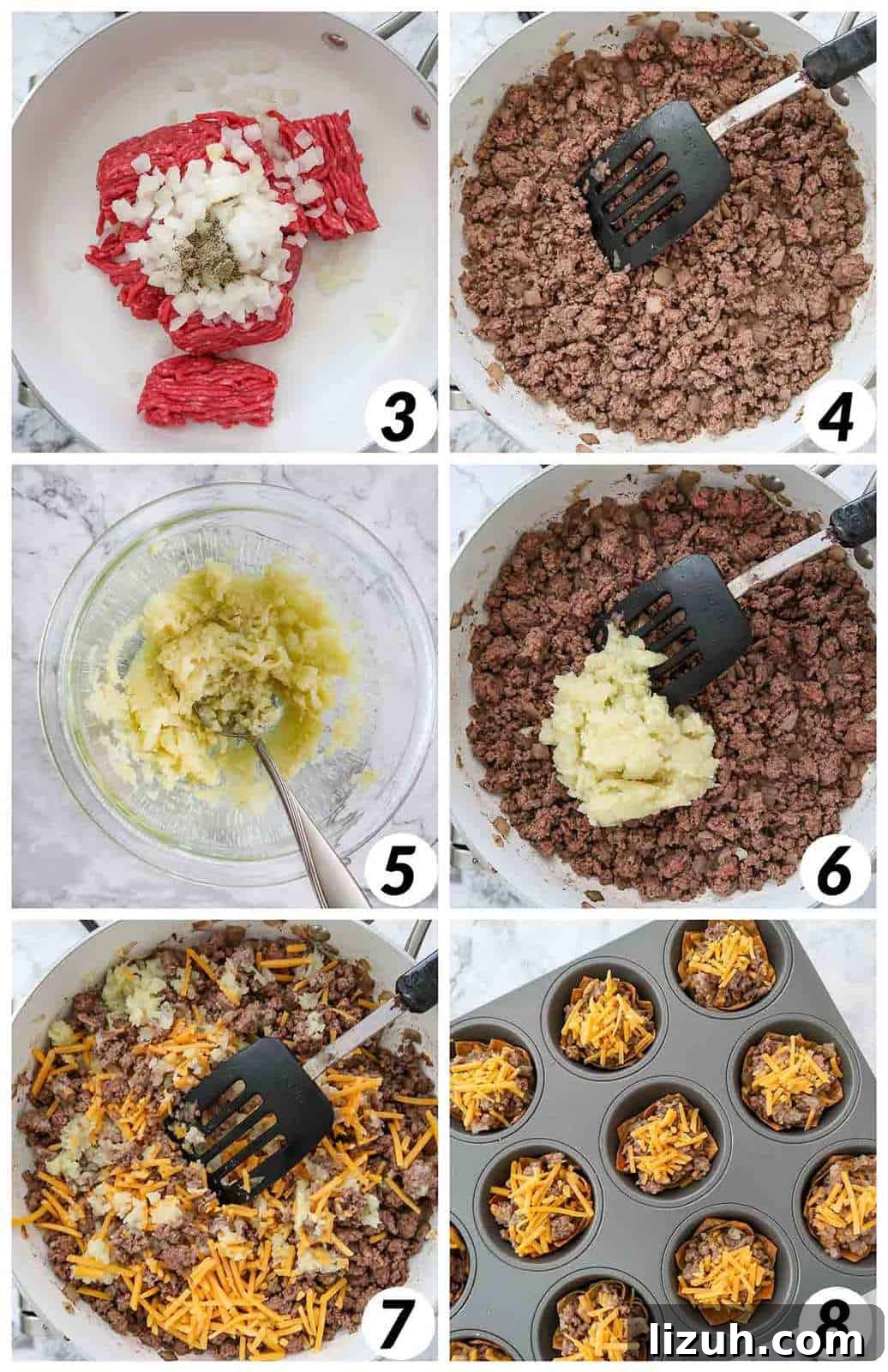 Crispy Wonton Cheeseburger Cups — Bite-Sized Party Sliders 5 Process collage of browning beef, mixing filling, and filling baked wonton cups.