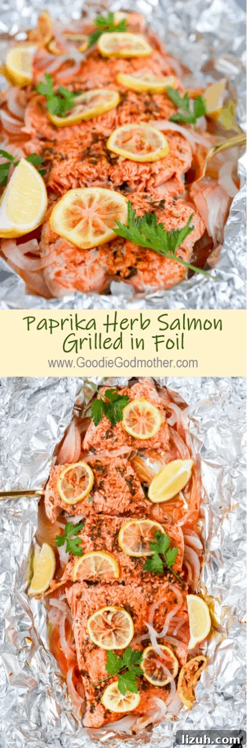 Grilled Salmon in Foil with Smoked Paprika and Fresh Herbs 7 Smoked paprika herb salmon grilled in foil is a flavorful, almost effortless main dish. Season, cook, serve right in the foil. Get this foil grilled salmon recipe on GoodieGodmother.com