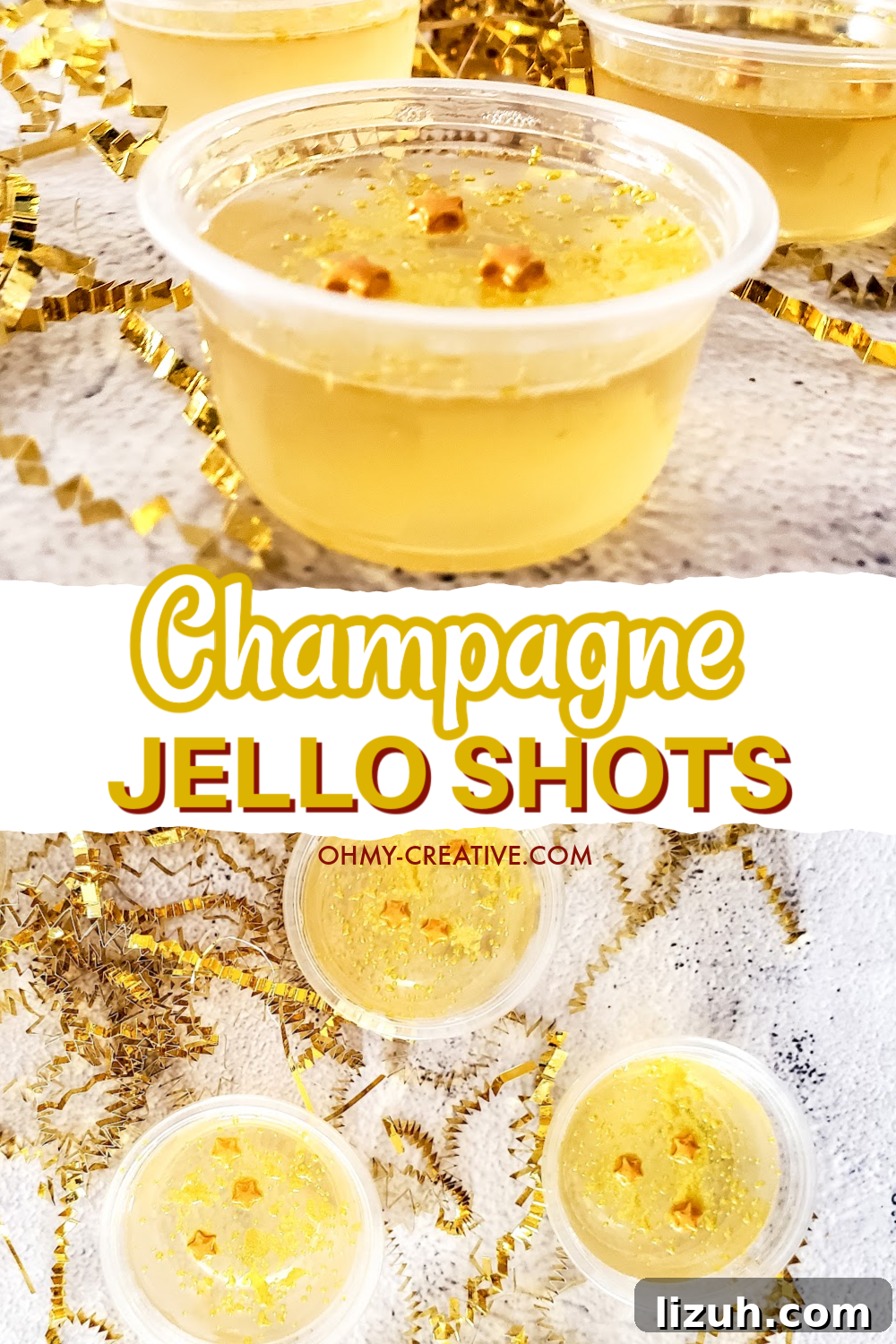 Champagne Jello Shots with glitter and star sprinkles