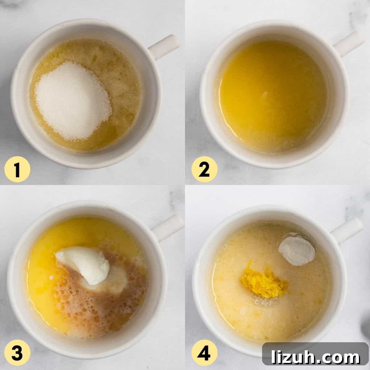 Butter and sugar in mug and added vanilla, milk and yogurt.