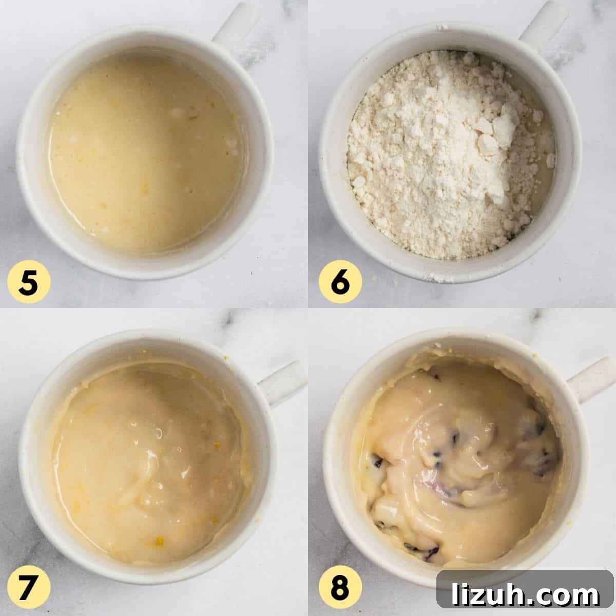 Process photos for mug cake with flour and blueberries added.